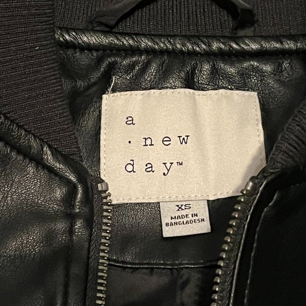 A New Day Black Faux Leather Raylon Bomber Jacket Size XS - Picture 2 of 6